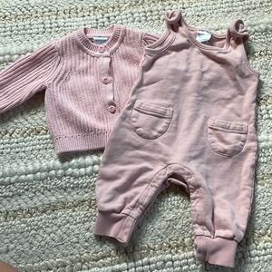 Hanna Andersson Pink Cardigan and Overalls 3-6 Month Baby Girl Bundle
